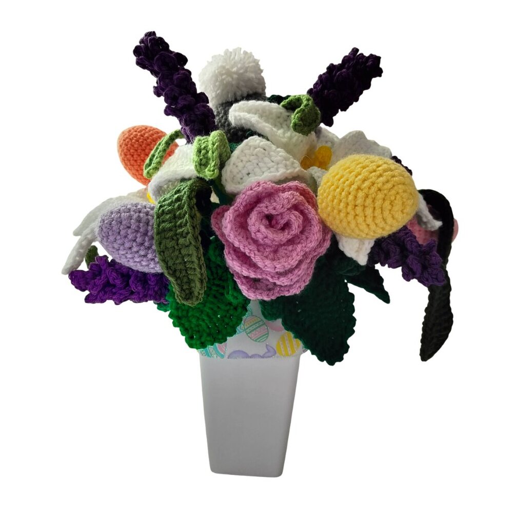 Easter Centerpiece Bouquet In Plastic Vase with handmade Crochet Flowers with Bu - Picture 3 of 9